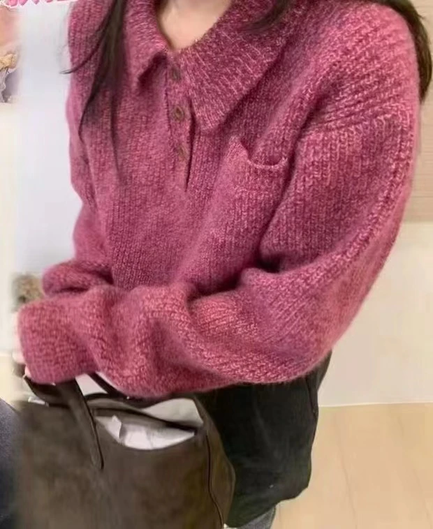 雪国少女131减龄超好看树莓色Polo领毛衣百搭宽松甜美毛衣