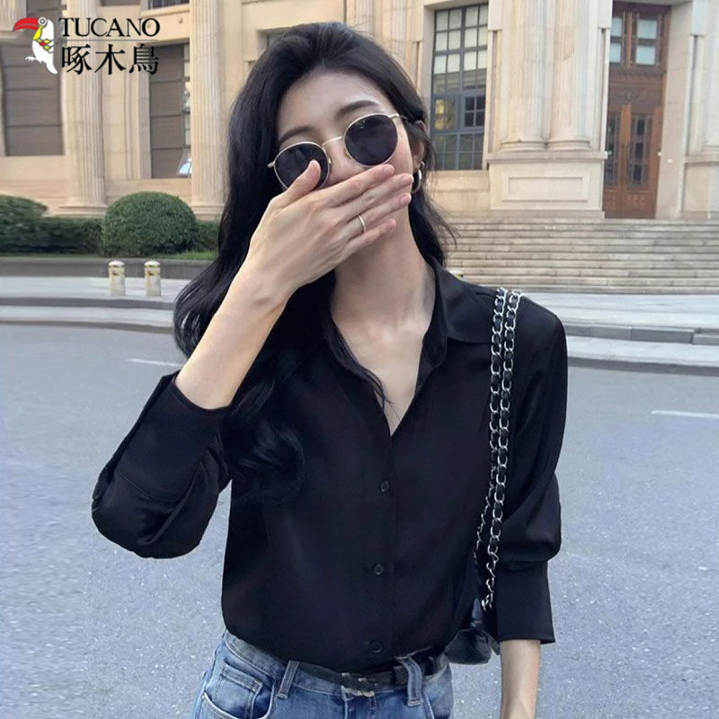 TUCANO/啄木鳥衬衣女装秋冬港味宽松黑衬衫显瘦时尚百搭小众长袖