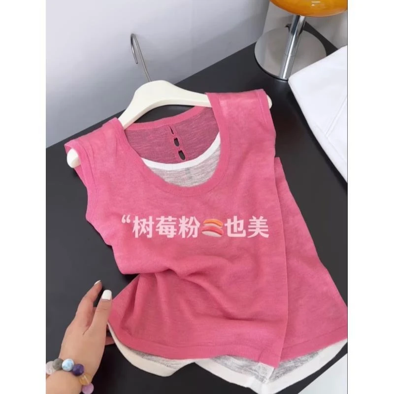 韩系假两件拼接无袖背心女夏季新款设计感小众后背镂空显瘦小上衣