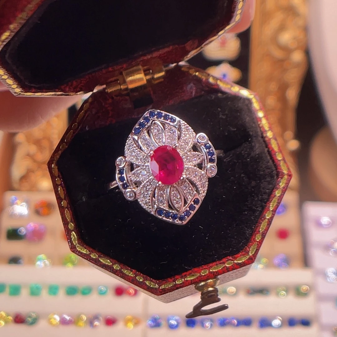 戒指银S925镀金镶嵌红宝石