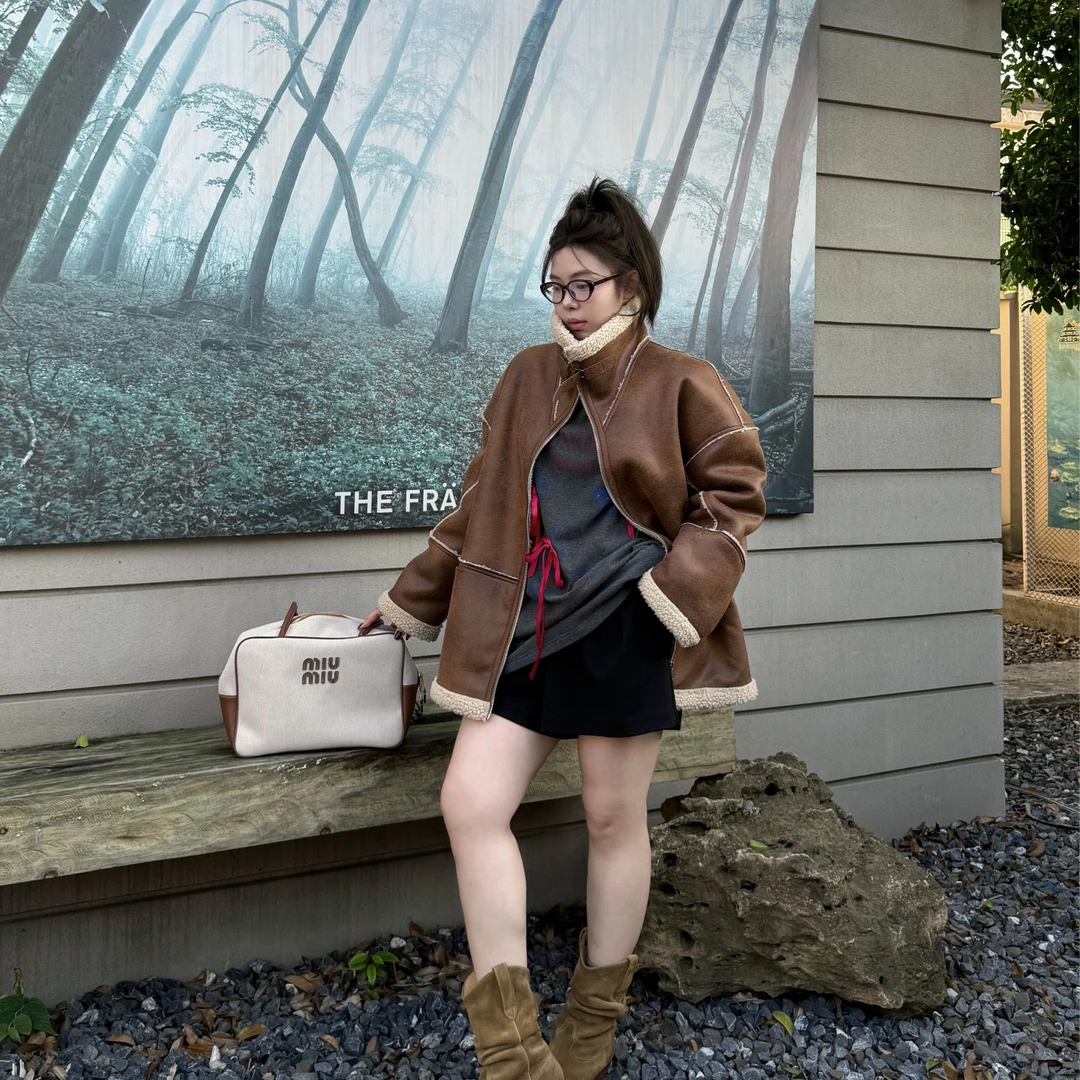 晶咕【朋克甜心】韩系加绒秋冬韩版皮毛一体保暖棉服气质气质时尚