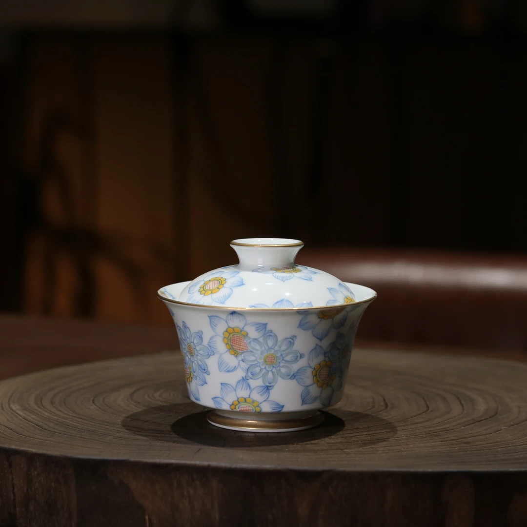 玲珑集 景德镇斗彩青花手绘向日葵盖碗 茶道茶具 120cc