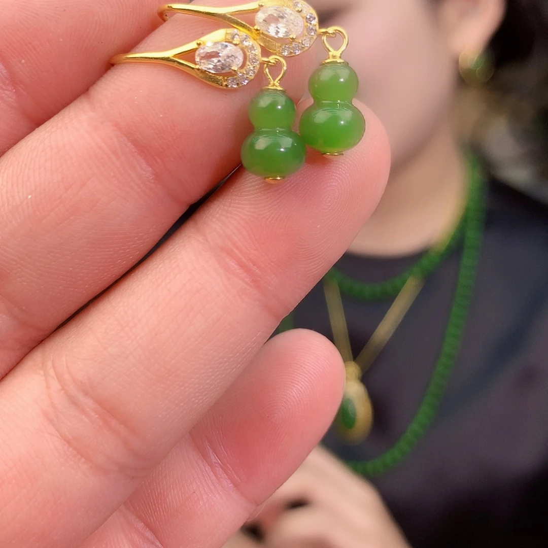 吊坠(不含链)银S925镶嵌和田玉（碧玉）耳钉