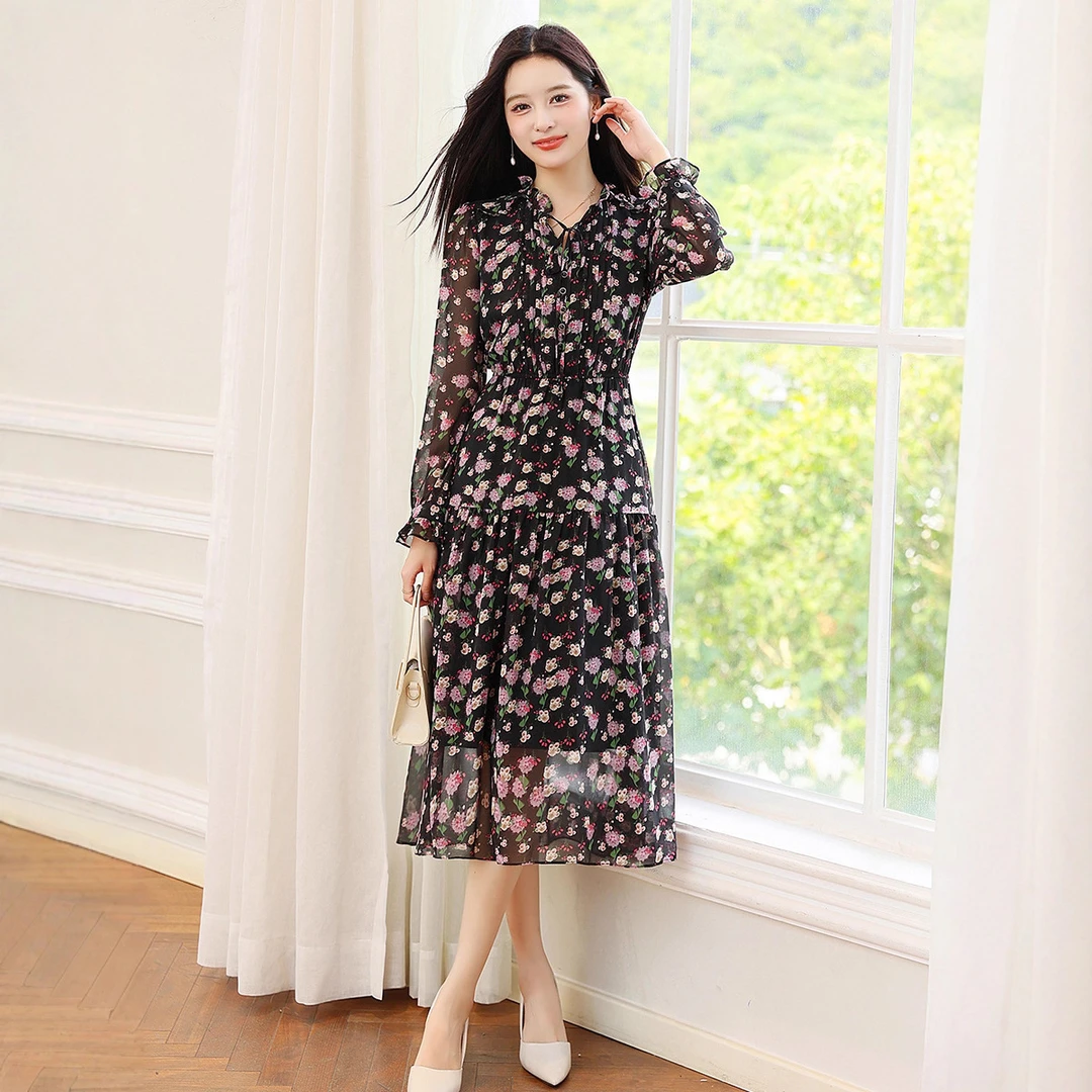 hmwl9982法式复古碎花连衣裙女2025秋季木耳边圆领长袖黑色雪纺裙