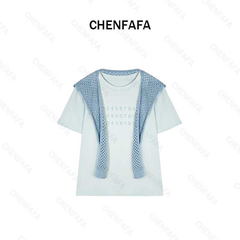 【披肩正肩舒适圆领短袖T恤女设计款数字刺绣上衣潮 ZB0029】