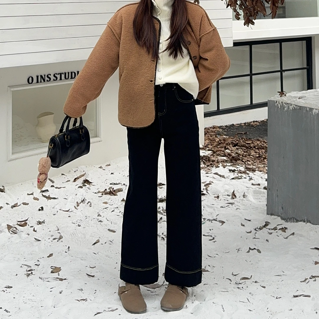 黑色加绒加厚阔腿牛仔裤女2024秋冬新款小个子九分高腰显瘦阔腿裤