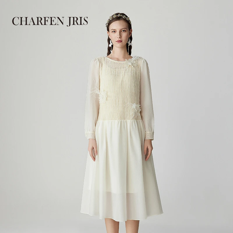 CHARFEN朝峰春季新款气质显瘦丝绒褶皱连衣裙CFF1A901-9002G