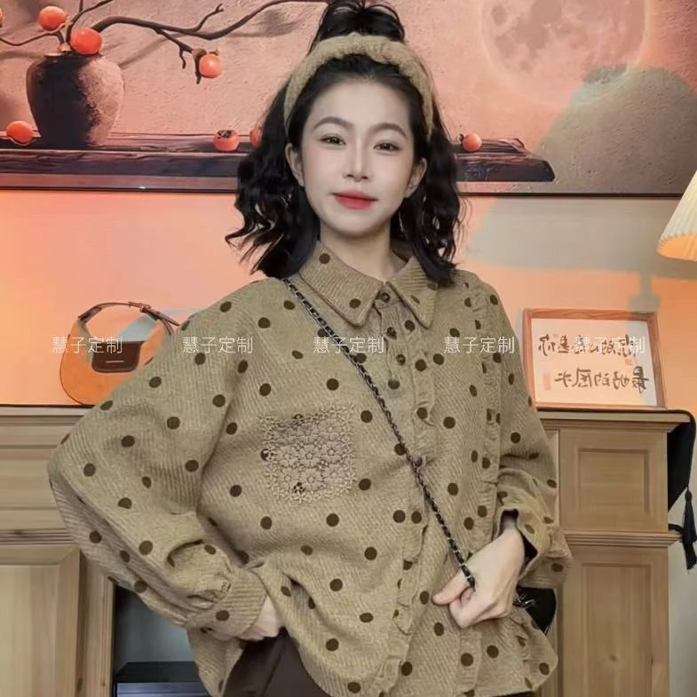 HZ “曲奇饼干”原创秋冬波点元素翻领拼接蕾丝口袋设计长袖衬衣