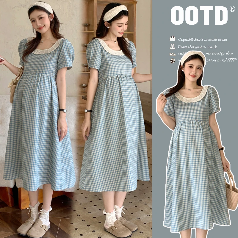 孕妇夏装2025夏新款宽松复古甜美减龄娃娃领花边格纹时尚连衣裙子
