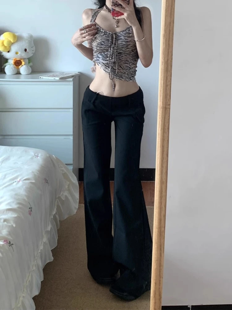 黑色低腰西装裤女秋冬加绒加厚直筒微喇裤拖地裤时尚微喇叭休闲裤