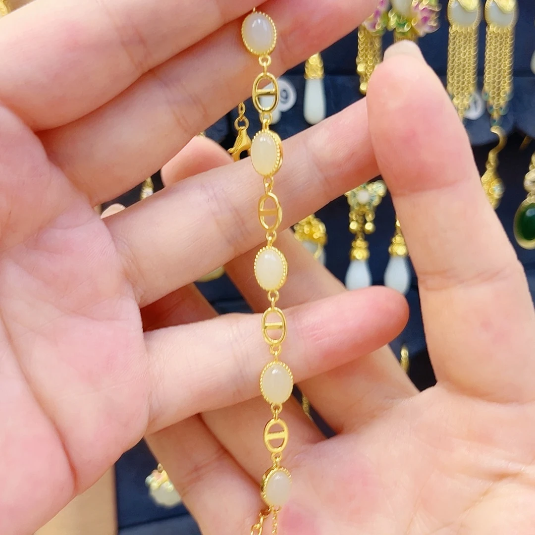 和田玉银S925镀金镶嵌手链