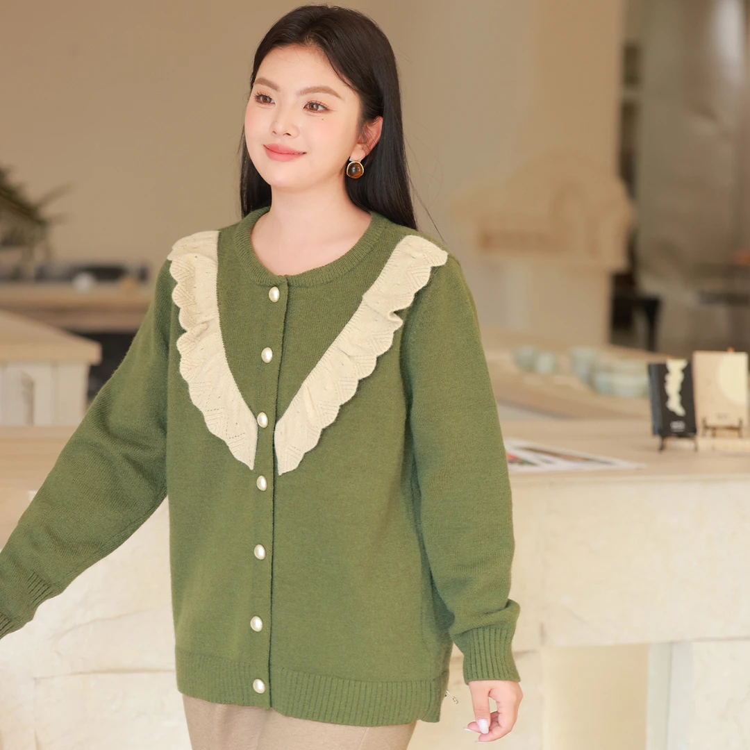 【18支北极绒】MsShe大码女装春装撞色荷叶边毛衣外套F2410004