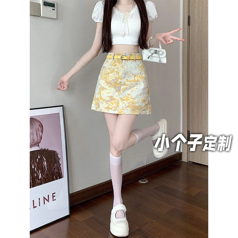150小矮个子碎花牛仔半身裙女夏季复古扎染一步裙高腰包臀a字短裙