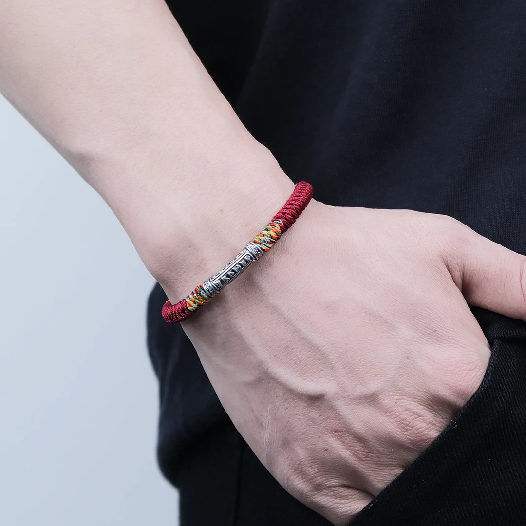 足银手链 999六字真言手绳手串藏式五彩编马年本命年红绳礼物男款