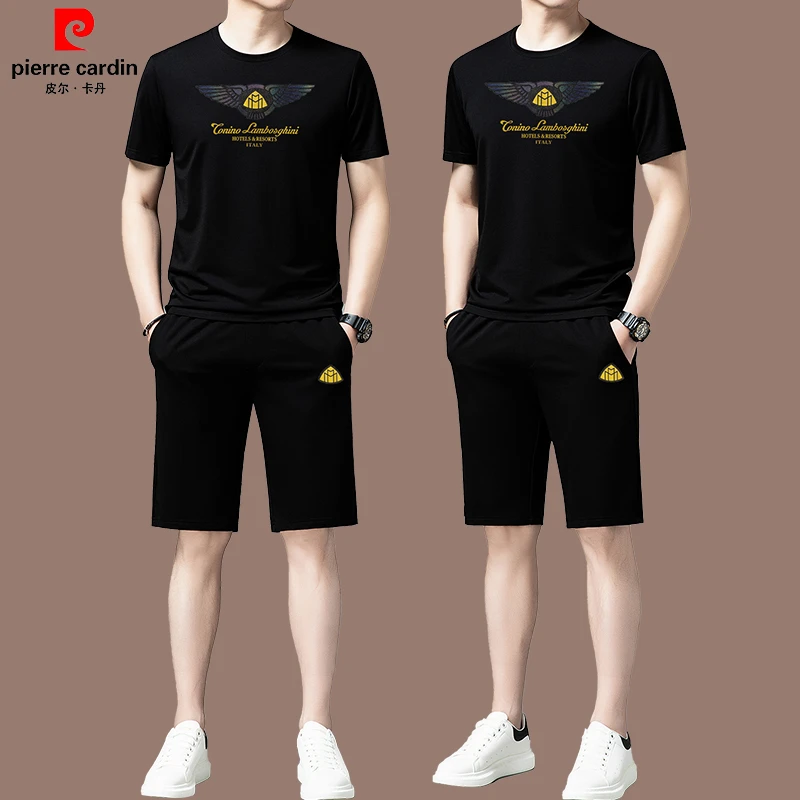 【皮尔卡丹总裁系列】夏季桑蚕丝男士休闲运动套装薄款跑步短袖短裤