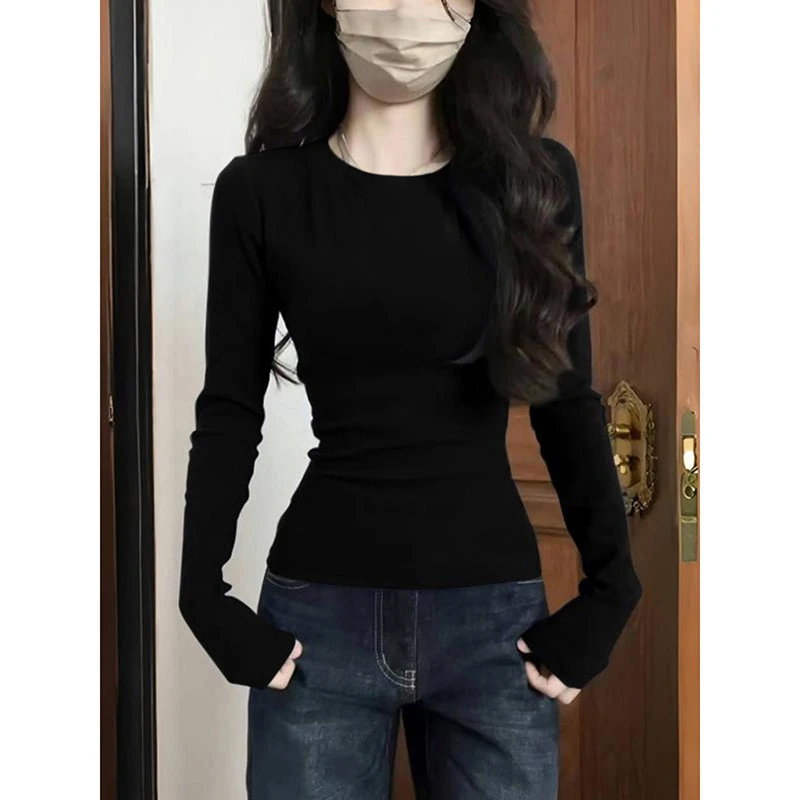 爱依服黑色正肩圆领长袖恤女春秋内搭黑色紧身打底衫辣妹修身显瘦