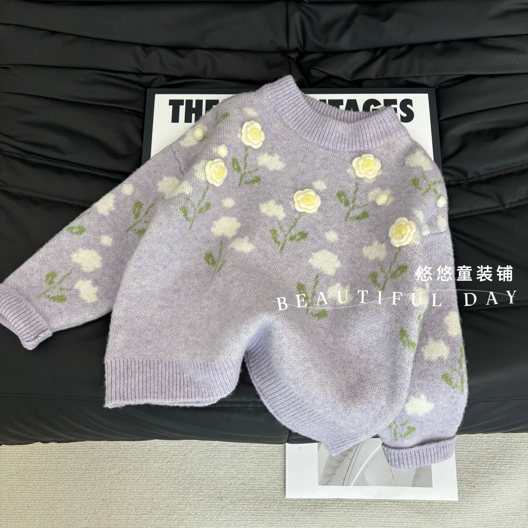 梦幻花纱女童毛衣儿童立体花朵清新针织打底衫2025新款保暖上衣