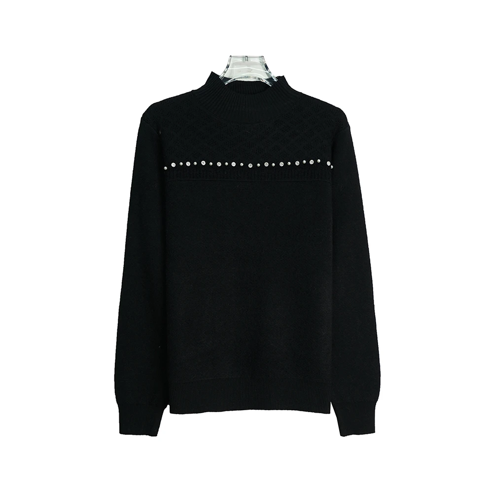 E8943【上新】简约加绒加厚圆领镶钻珍珠百搭气质黑色毛衣3Q