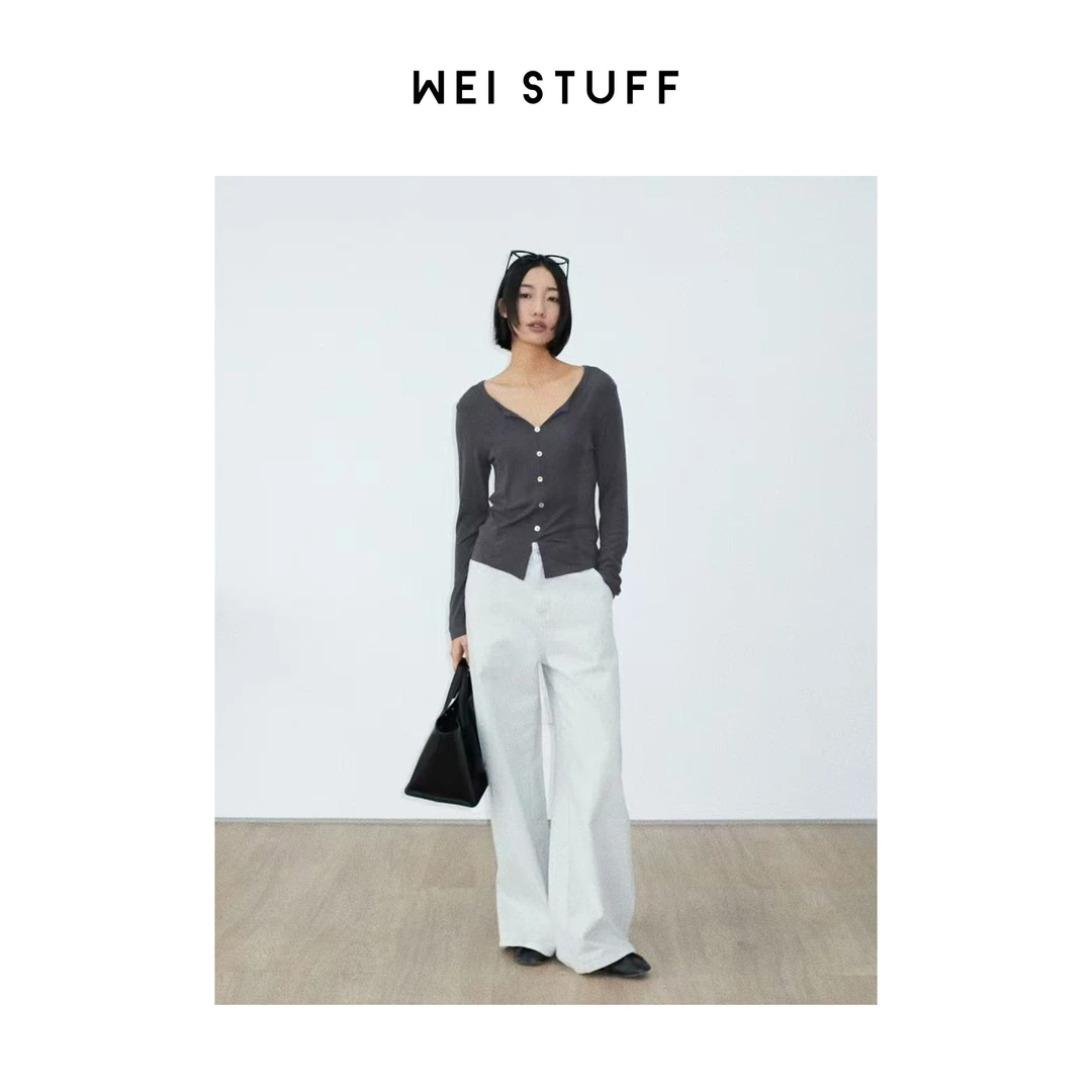 WEI STUFF 灰白知性欧若风高腰垂感拼接弯刀牛仔裤 8208 S