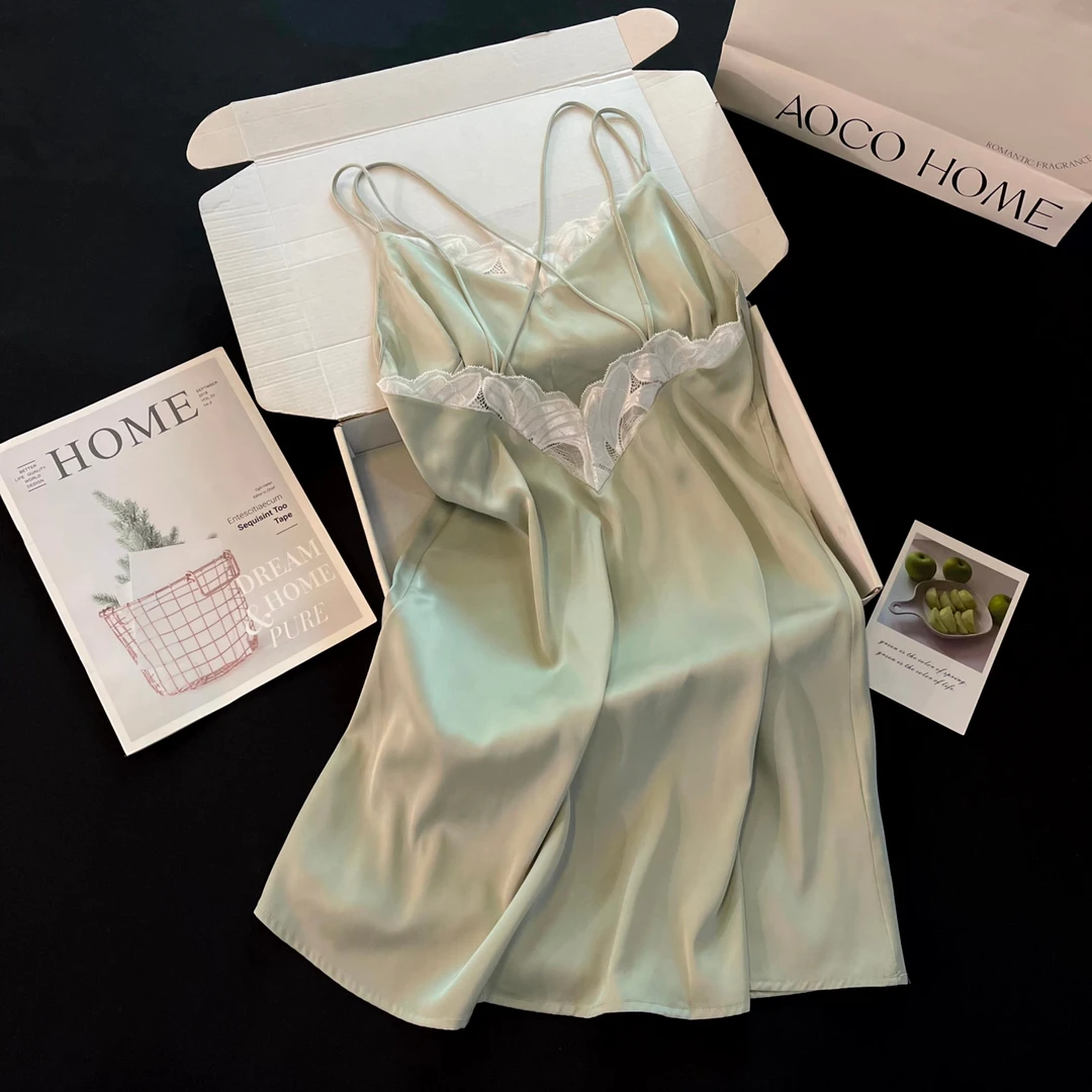 冰雪丝睡衣女夏季纯欲性感蕾丝交叉美背吊带绿色睡裙高级感家居服