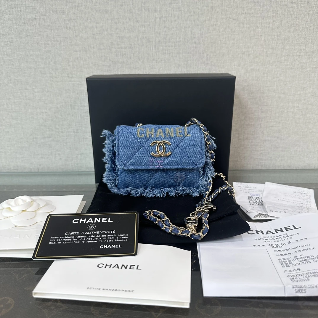 99新 Chanel/香奈儿 22p牛仔丹宁mini流苏腰包 08332