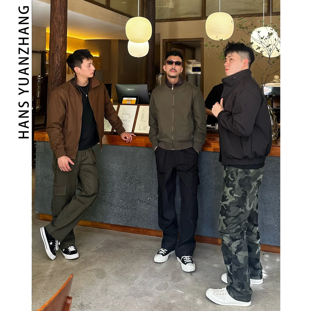 Hans院长 复古立领双面格纹夹克水洗棉工装飞行男士外套简约百搭