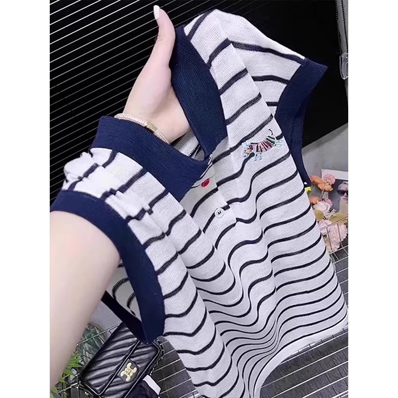 藏蓝色条纹冰丝polo领刺绣上衣女夏季设计感短款坎肩针织短袖t恤