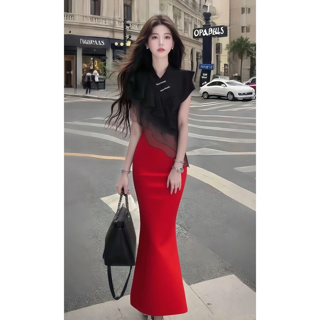 温柔知性风红黑撞色网纱设计V领修身收腰包臀连衣裙女氛围感长裙