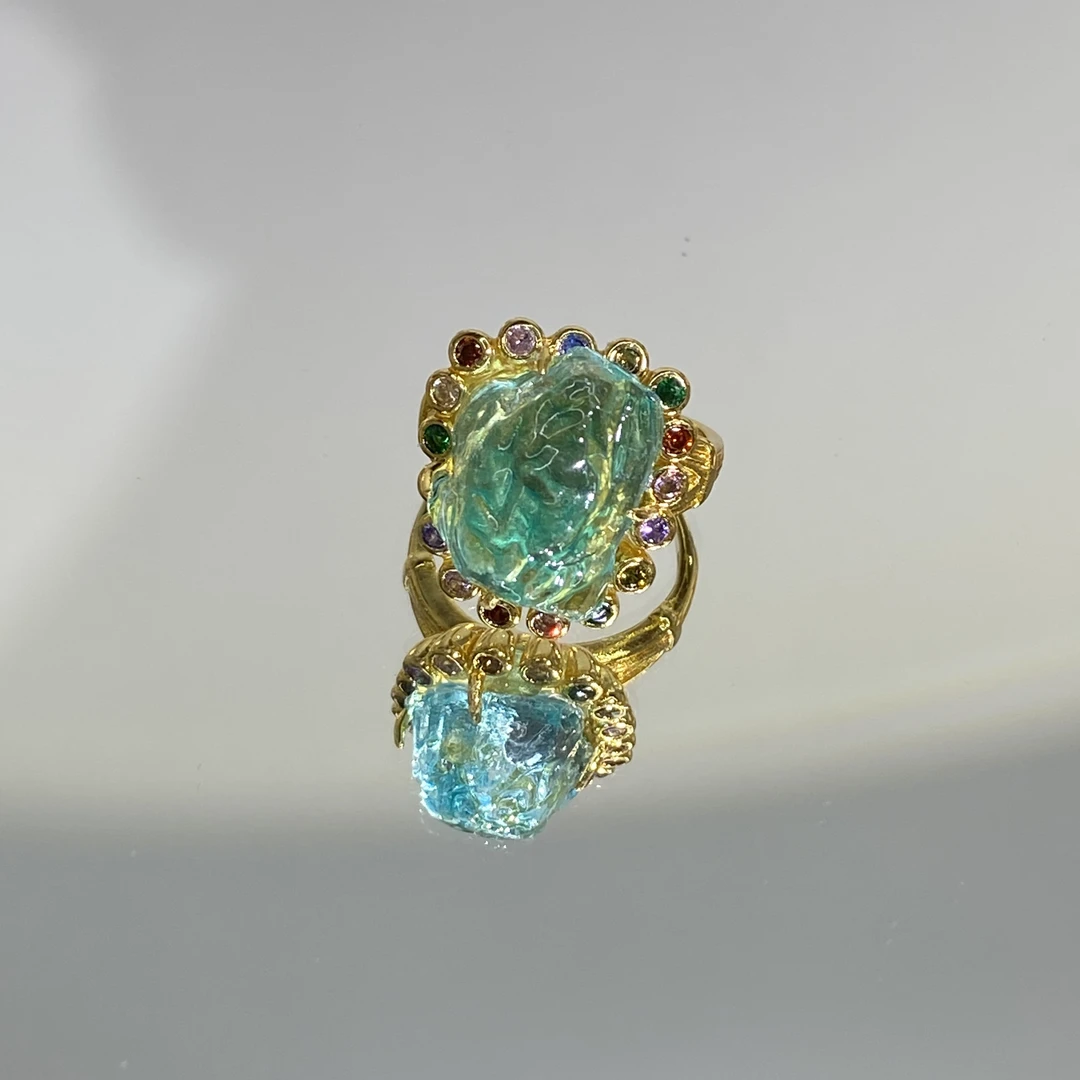 铜合金合成锆石戒指 TTSD 蓝绿色时尚个性百搭戒指 2846