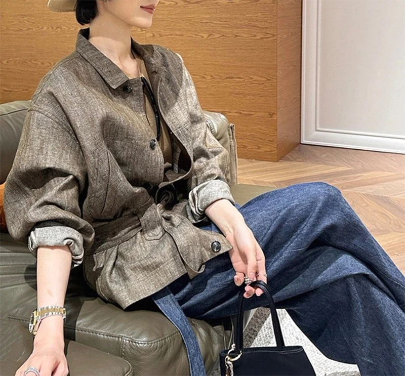 酷飒有型~老钱风松弛感旅行者亚麻外套女宽松休闲腰带款夹克套装
