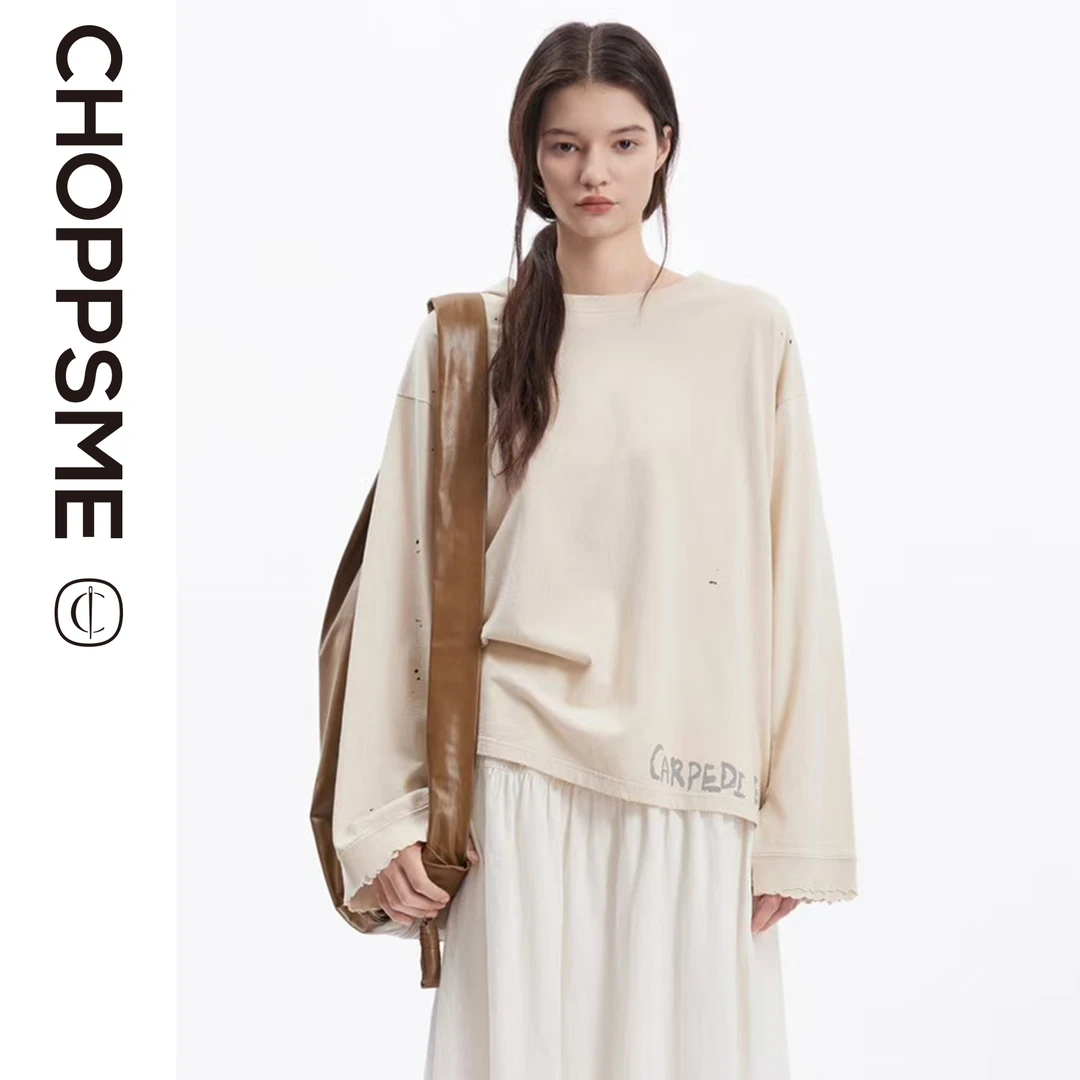 巧珀思｜15536做旧泼墨油彩点休闲圆领廓形宽松长袖破洞纯棉T恤