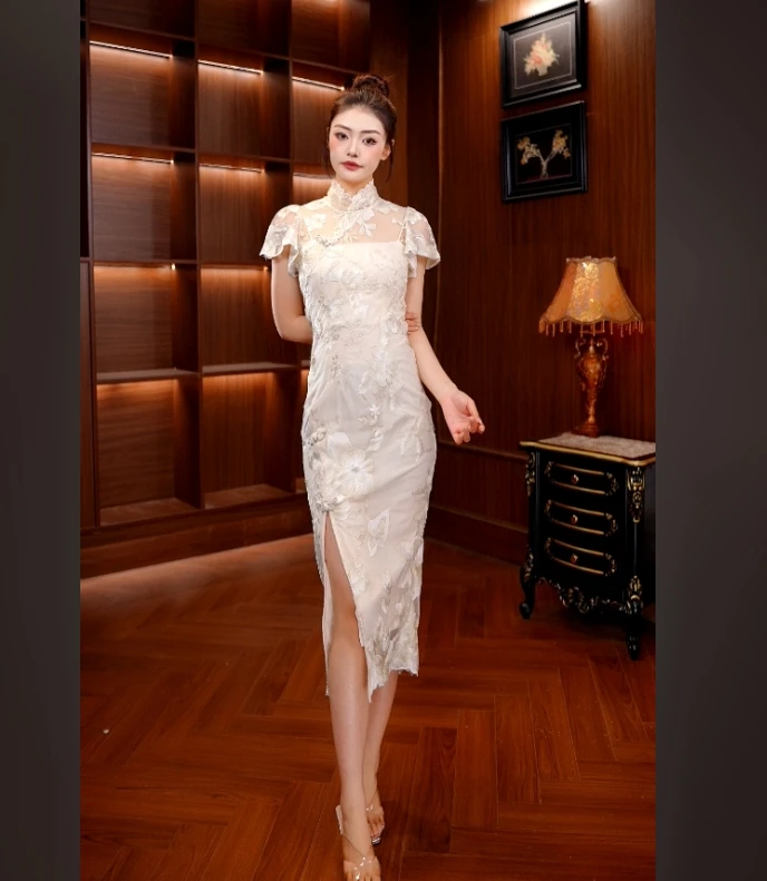 4848蕾丝勾花旗袍女新款夏季改良式蝴蝶袖收腰显瘦开叉修身连衣裙