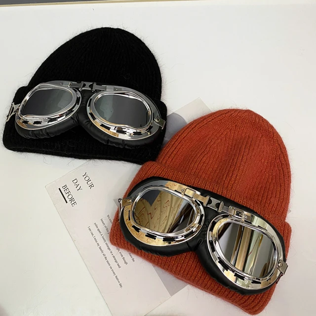冬季加厚针织帽子女韩版潮飞行员眼镜兔毛保暖时尚毛线帽护耳帽男