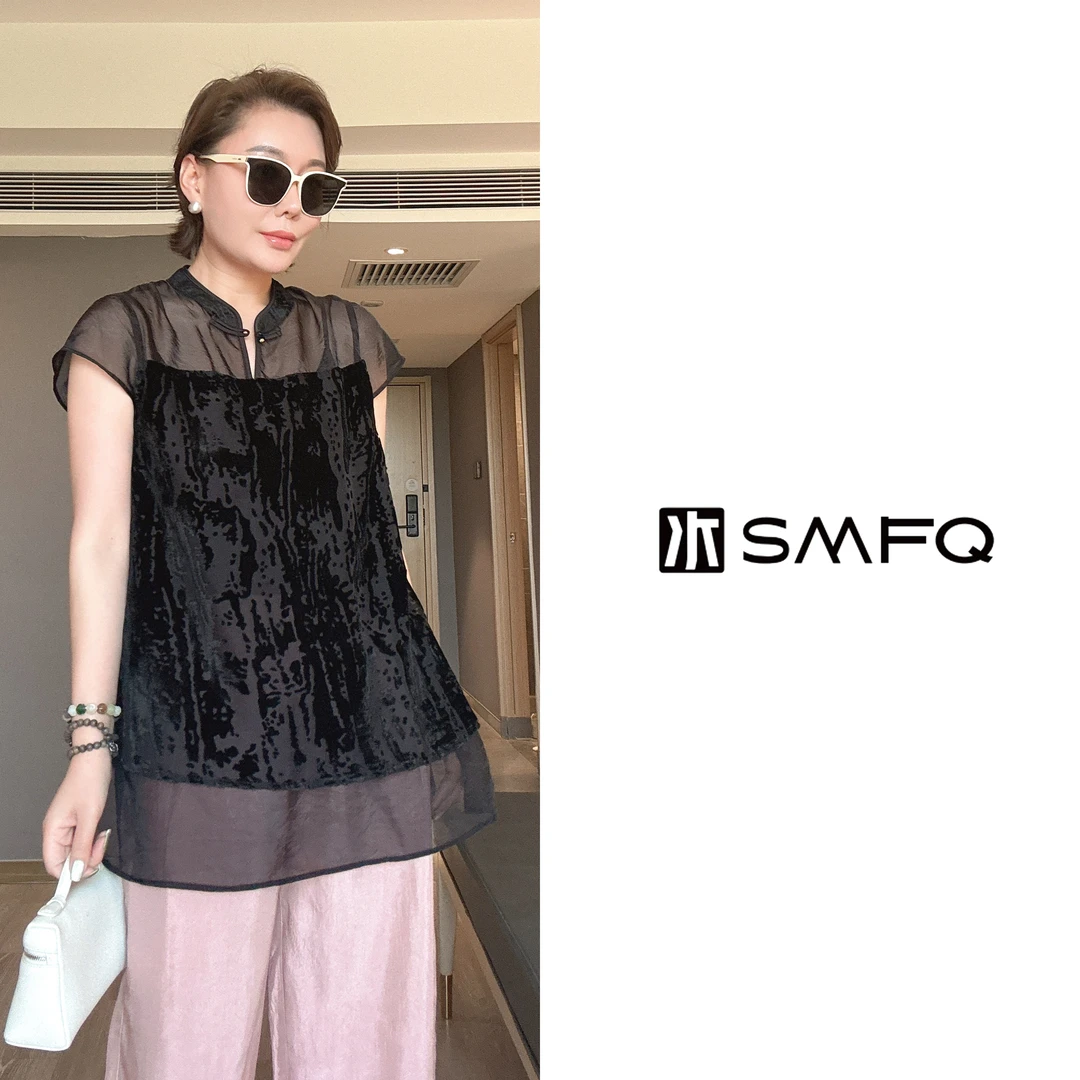 水木夫妻“蝉翼”夏季国风新中式假两件网纱上衣