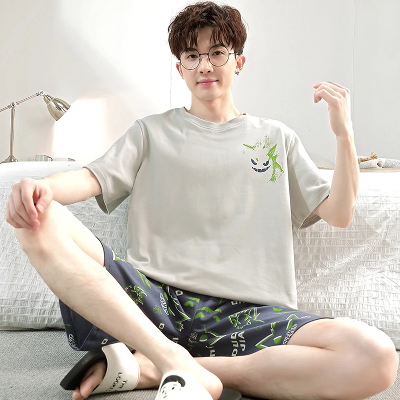 男士睡衣纯棉夏季短袖卡通大码青少年夏天薄款学生全棉家居服套装