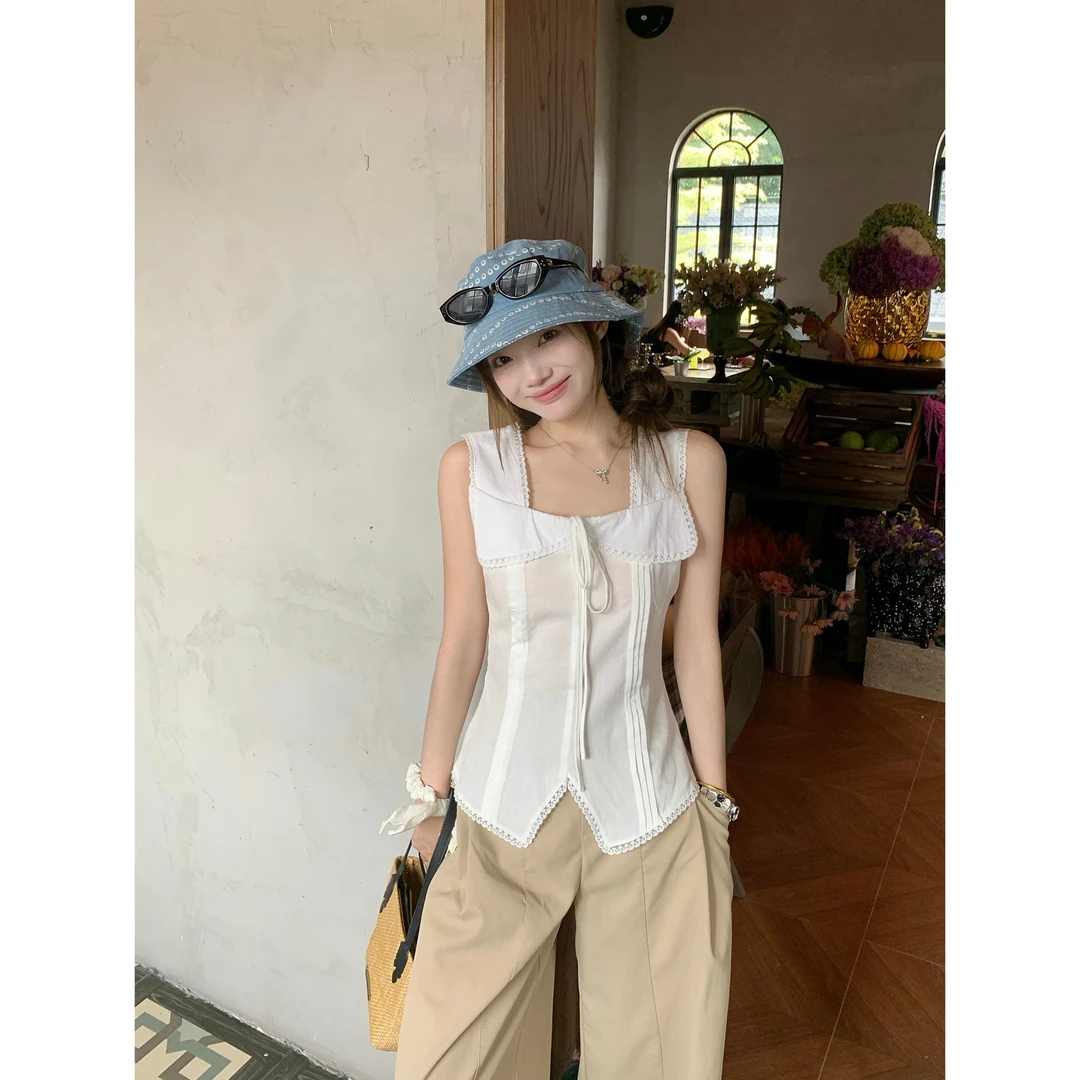 蕾丝拼接吊带背心女辣妹蝴蝶结系带收腰显瘦无袖上衣