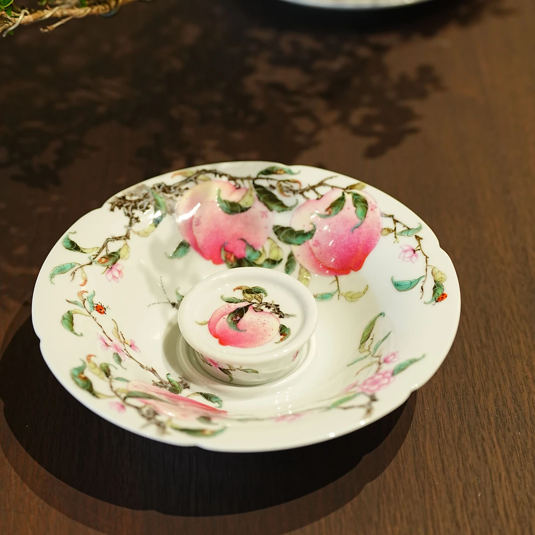 元煦丨粉彩国画五桃花口壶承配盖置