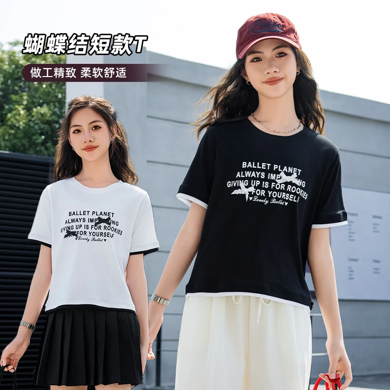 【蝴蝶结短袖T恤】女童夏季装休闲宽松半袖百搭棉t初中学生2025新款