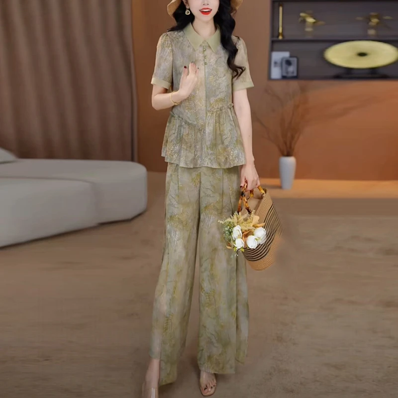 云锦丝绿色时尚阔腿裤套装2025夏季新款温柔氛围感减龄碎花两件套