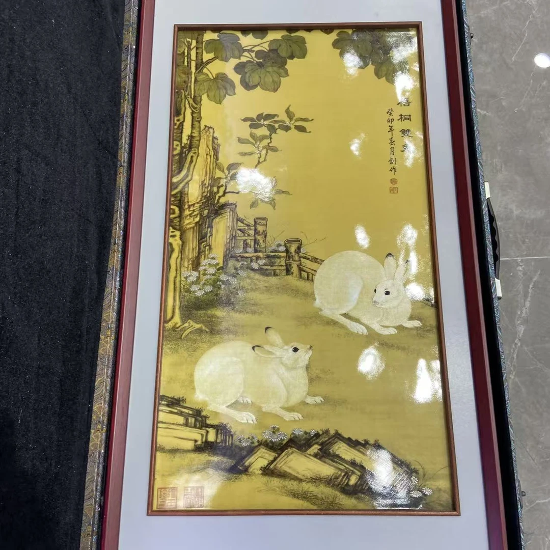 【百善瓷业】梧桐双兔瓷板-YSQ