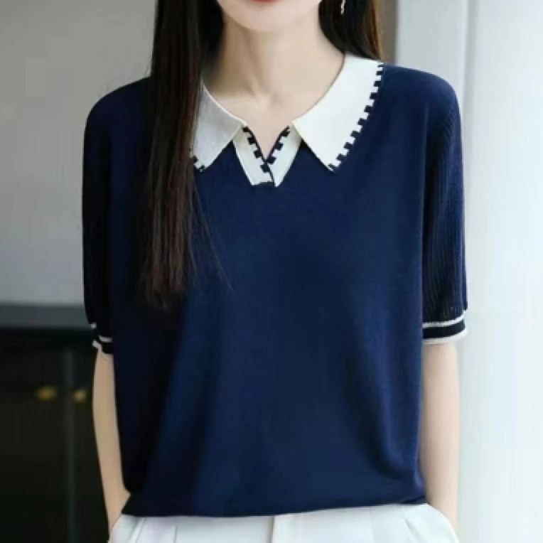 邹先森225-30常规拼接短袖条纹女拼色夏季显瘦毛针织衫翻领针织衫