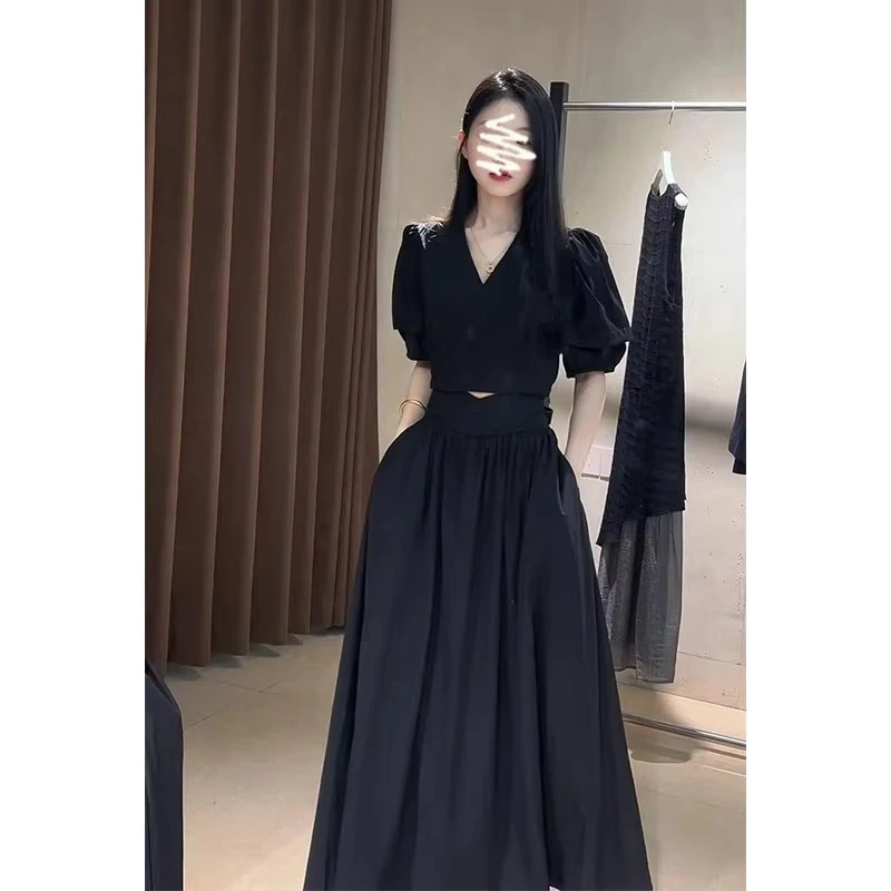 2025春夏新款法式高级感短款泡泡袖V领上衣气质高腰显瘦A字半身裙