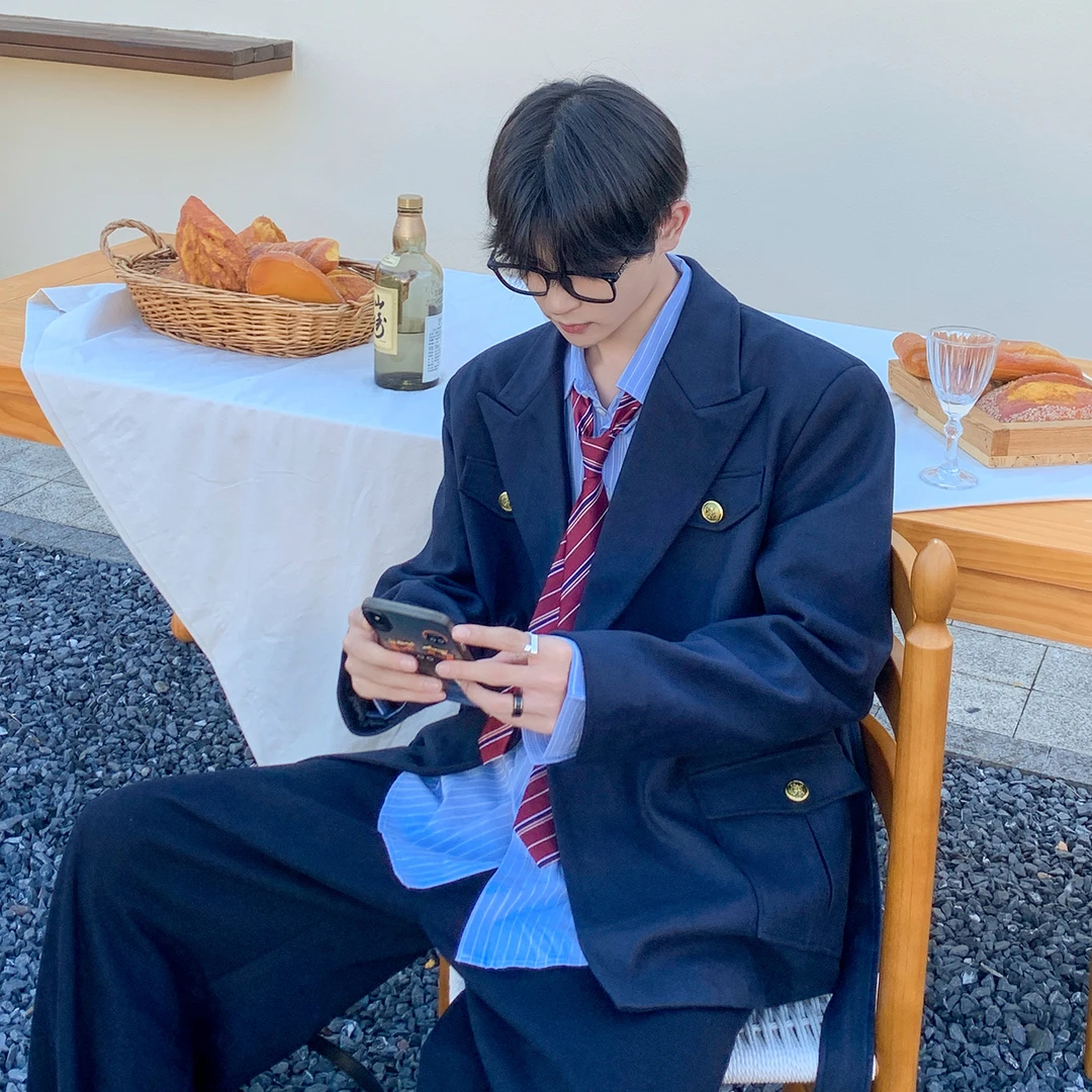 白口阳【航海王子】韩风海军蓝学院风加棉束腰西装毛呢外套男X384