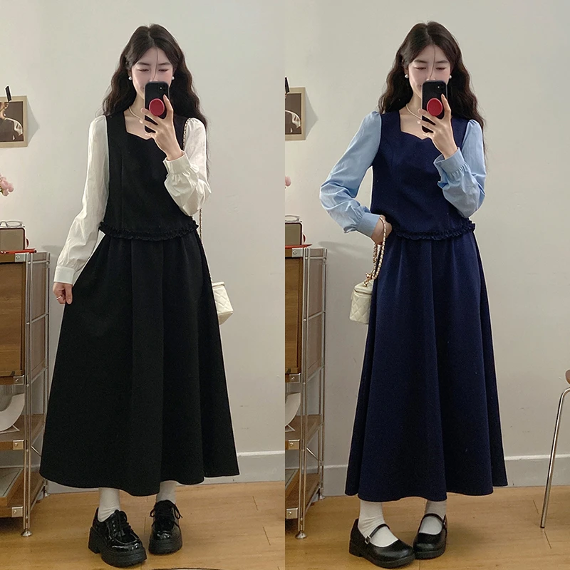 2025春装新款胖mm大码复古木耳边拼接上衣半身裙套装女#21225