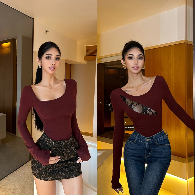 HELEN【一眼心动 前后两穿】纯欲高级感蕾丝拼接性感双磨绒上衣S863