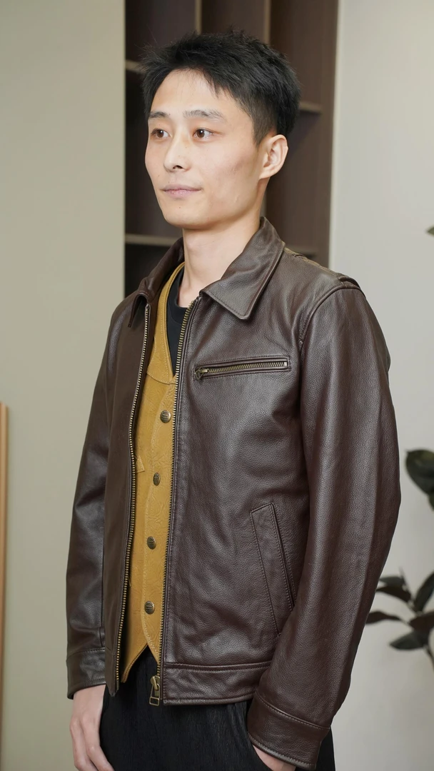 1930头层牛皮棕色复古翻领拉链款男士真皮皮衣