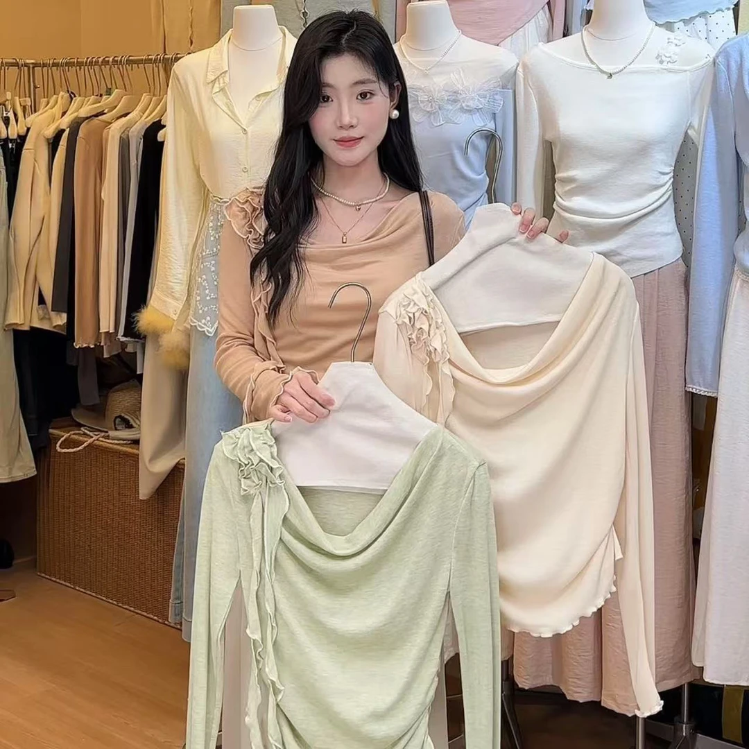 “绿野仙踪”甜美系设计感荡领长袖t恤春季新款一字肩纯欲显瘦上衣