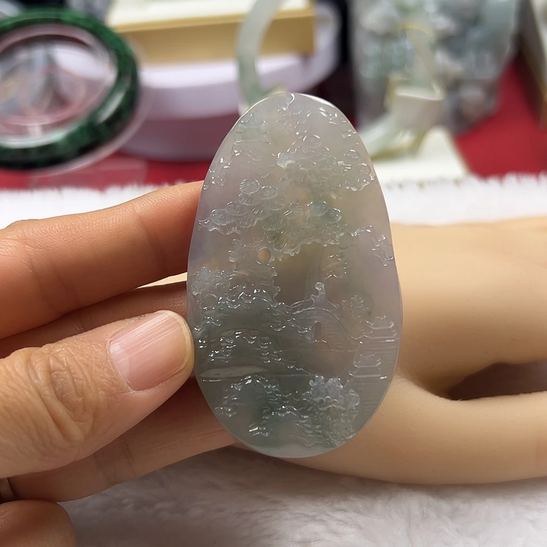 颈饰未镶嵌翡翠缅甸天然A货翡翠山水吊坠