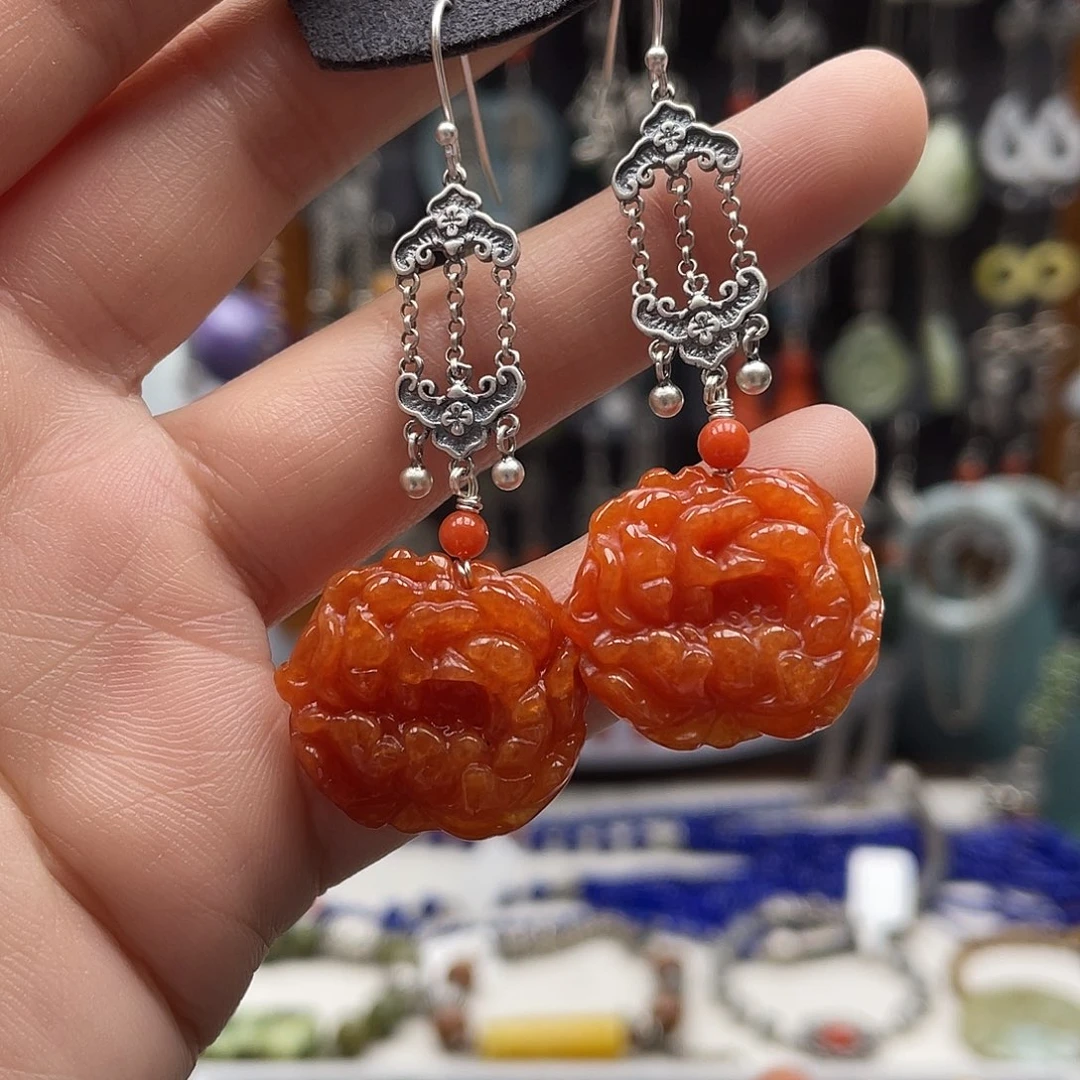翡翠耳饰银S925镶嵌饰品