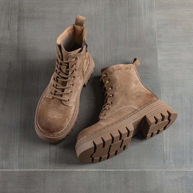 真皮复古厚底马丁靴女2025秋季新款英伦风机车短靴百搭增高女靴子